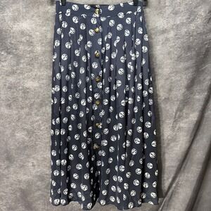 Vintage Silk Blend Midi Skirt Sz S Pleated Button Front Navy Anchor Print Italy